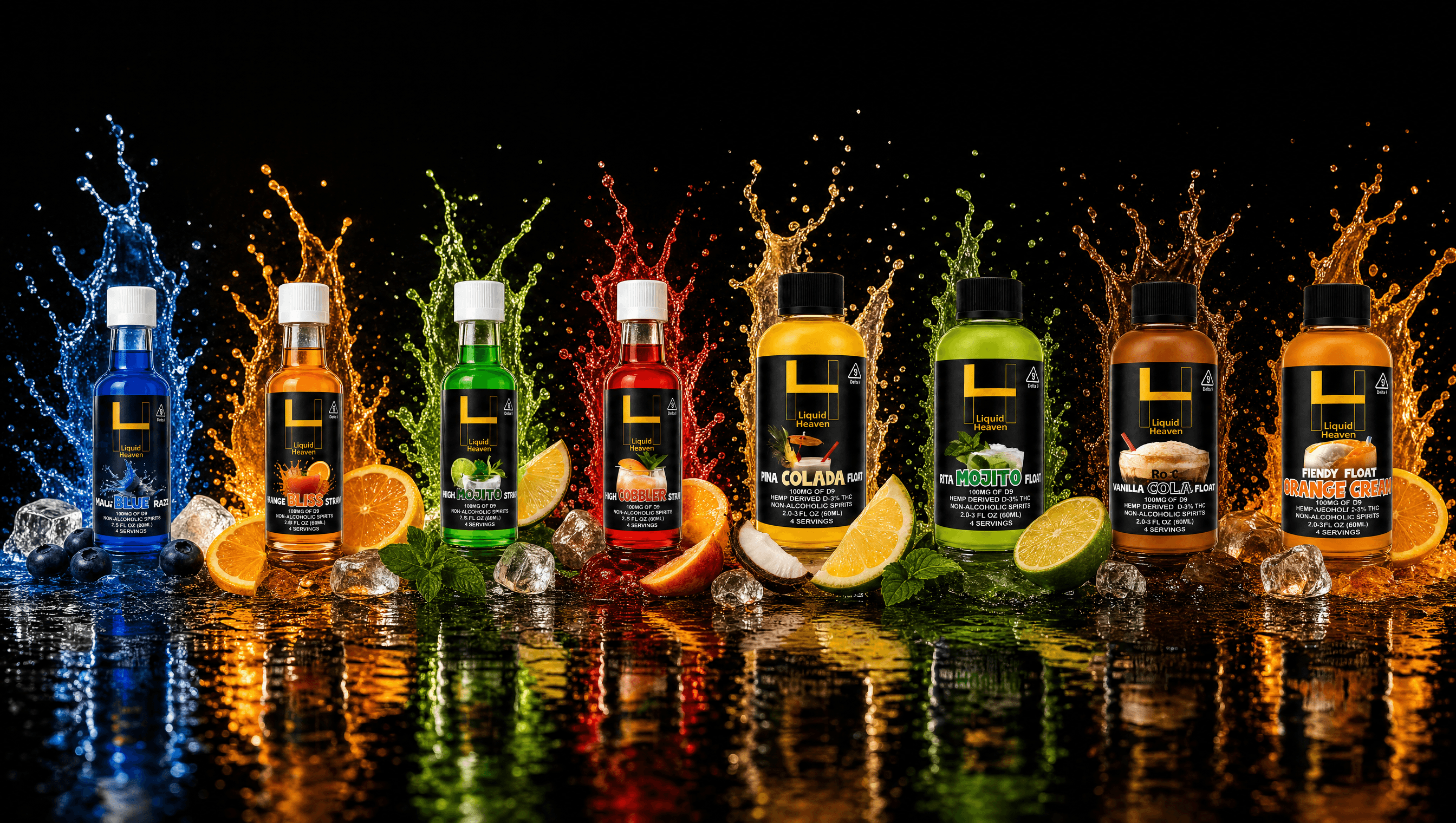 All eight Liquid Heaven flavors — Delta 8 syrups and Delta 9 floats