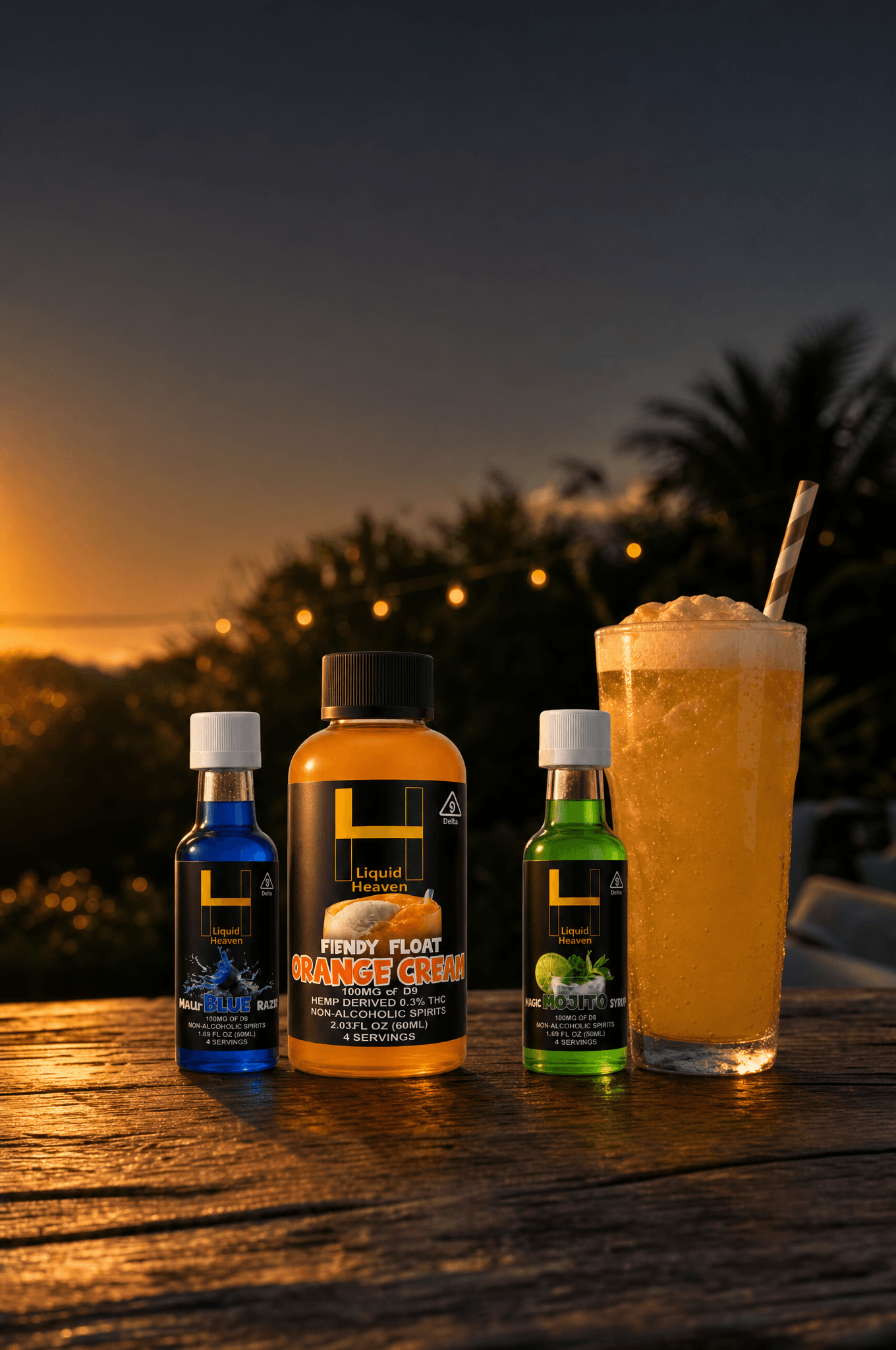 Liquid Heaven bottles and mixed drinks at golden hour