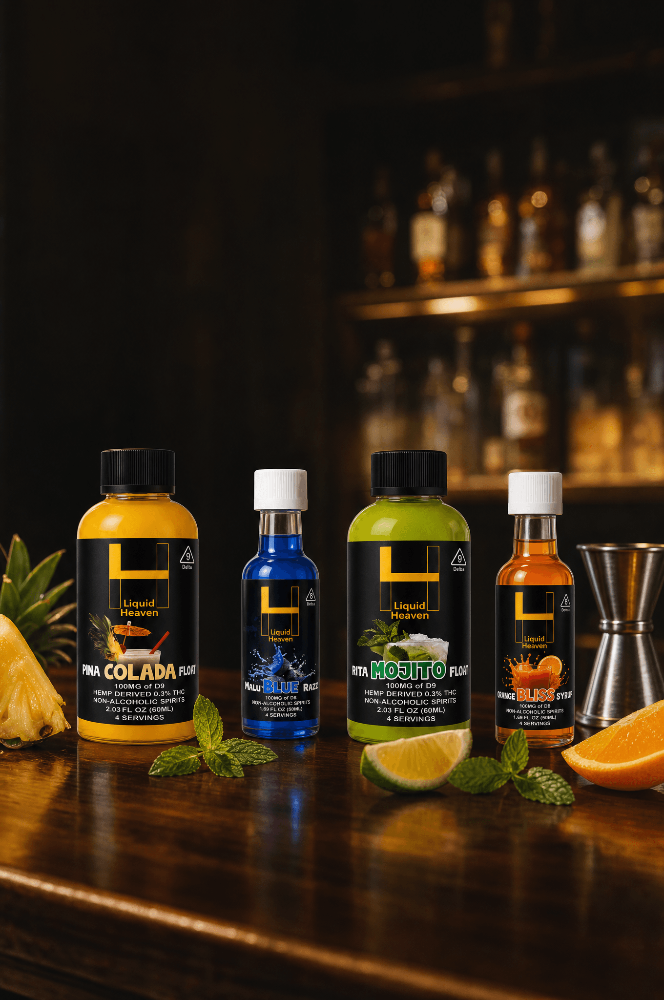 Liquid Heaven bottles on a bar counter